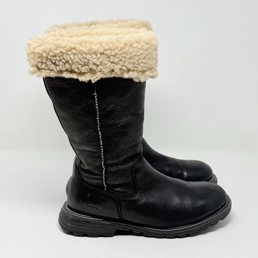 UGG Brooks Tall Shearling Lined Boots Womens 8 Black Leather Winter 5490